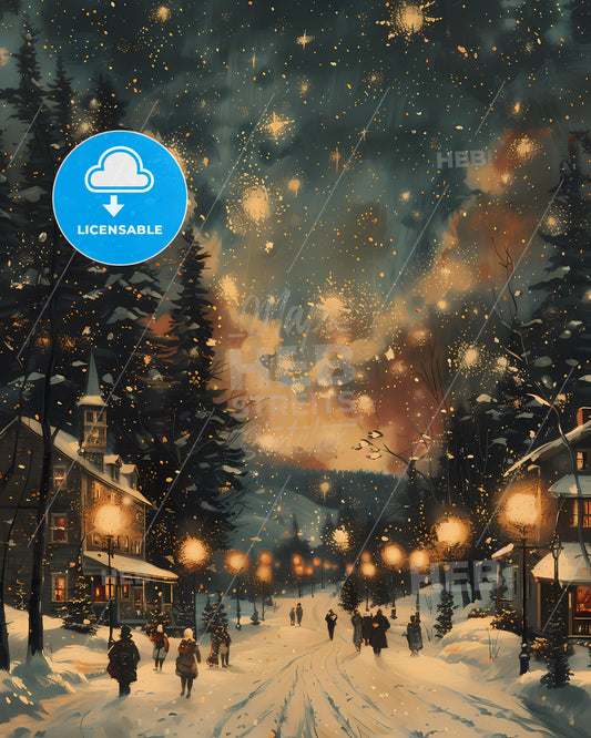 Festive Vintage Winter Street Scene Painting with People Walking in Snow: New Year's Eve Celebration in a Snowy Country Town