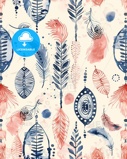 Distressed Boho Seamless Pattern: Vibrant Abstract Painting of Feathers and Dots