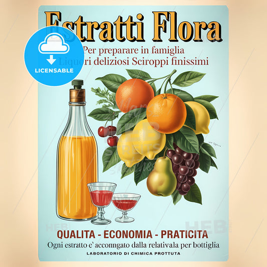 Vintage ESTRATTI FLORA Italian Fruit Liquor & Syrup Advertisement Poster