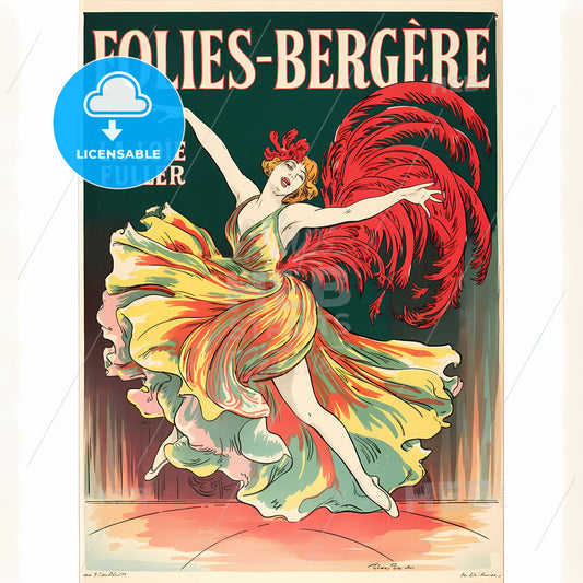 Vintage Folies-Bergère Cabaret Poster: Spirited Dancer in Vibrant Motion