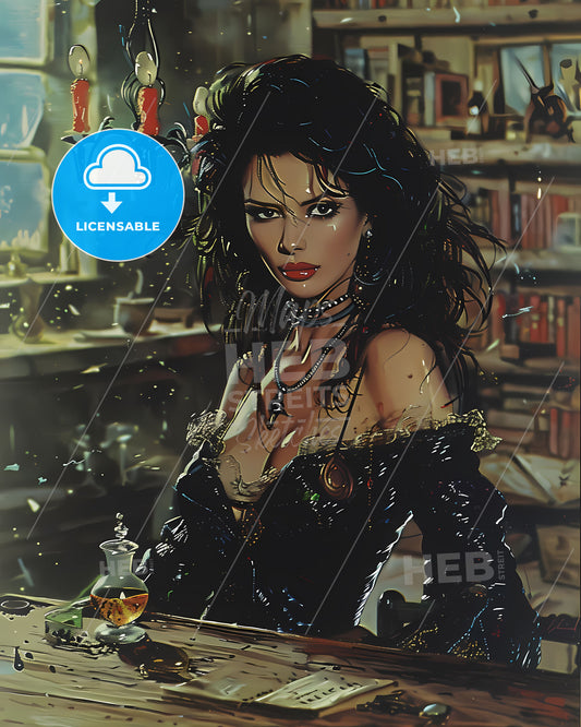 Surreal Gothic Horror: Vibrant Witchy Portrait in an Apothecary Library with Moody Lighting and a Nightmarish Ambiance in Italian Horror Movie Poster Style