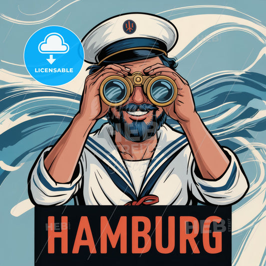 Vintage-Inspired Hamburg Travel Poster: Whimsical Sailor Embracing Adventure