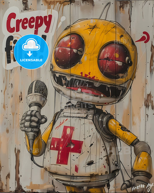 Kawaii-inspired Vintage Japanese Mic Mascot: Vibrant Creepy First! Poster with Artistic Focus, Red Cross - Unique Stock Image
