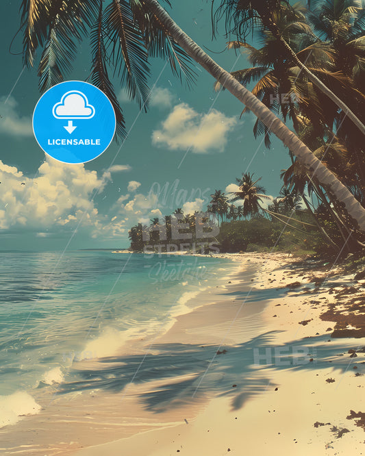 Vibrant Vintage Kodachrome Painting of a Serene Desert Island Beach Oasis with Palm Trees and Tranquil Waters