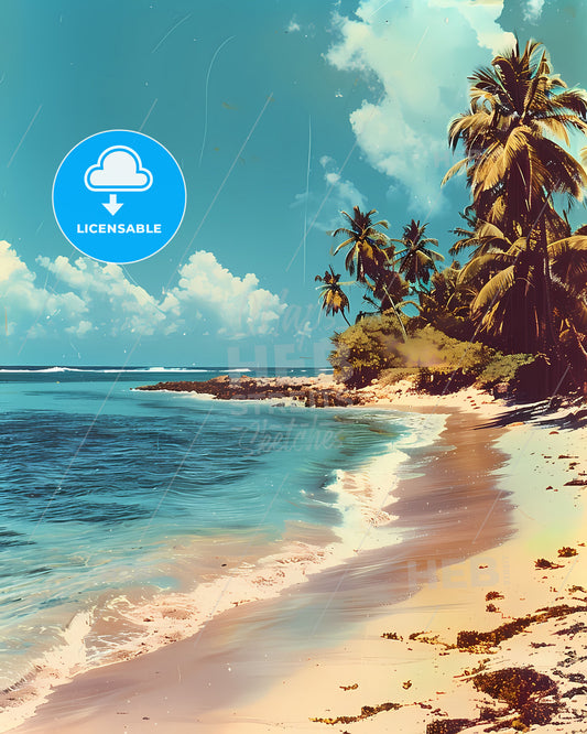 Vibrant vintage kodachrome art painting of a deserted beach and palm trees on a tropical island