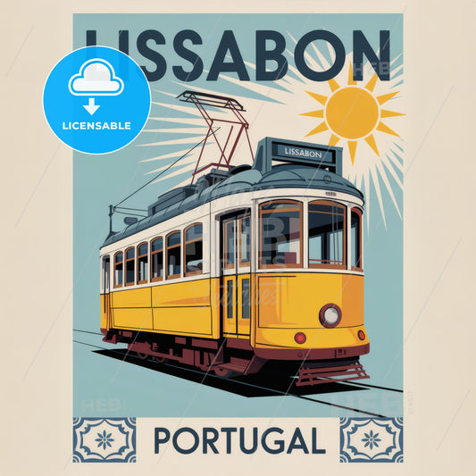 Vintage Lisbon Tram Print: Retro Travel Poster with Portuguese Azulejo Design