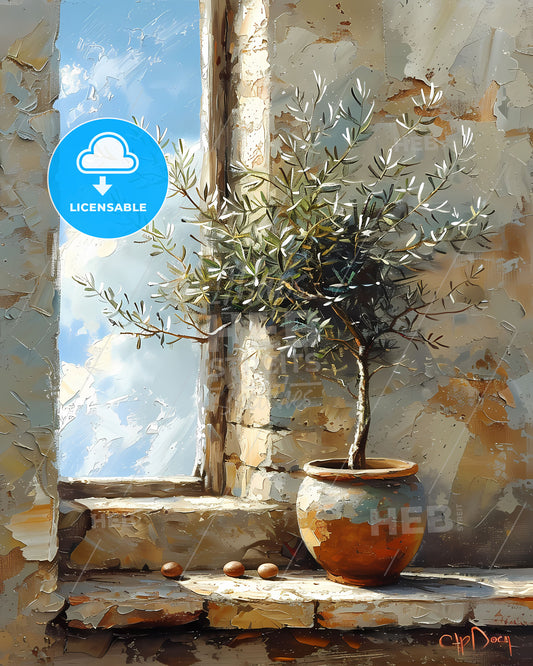 Vintage Realistic Oil Painting with Olive Tree in Aged Pottery on Windowsill