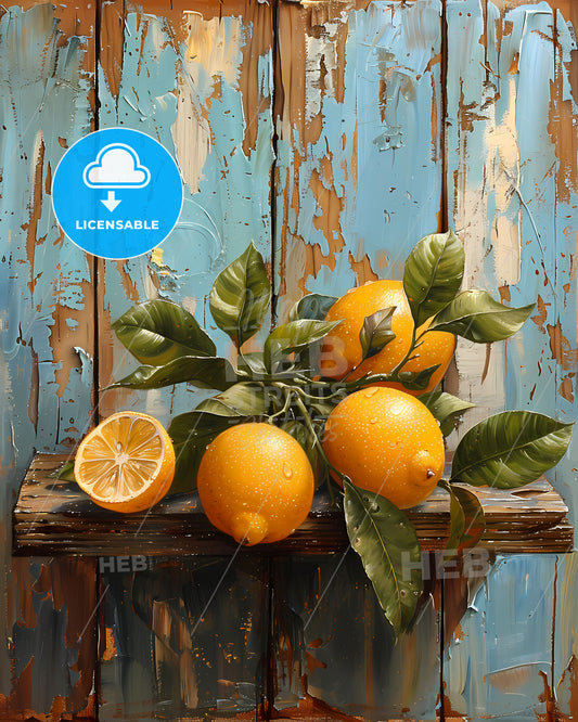 Vibrant Vintage Oil Painting of Lemons and Leaves on Oak Wood Table, Depicting Art Still Life