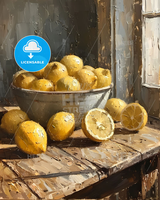 Oil Painting Still Life: Vibrant Lemons on Oak Table, Moody Vintage Artwork