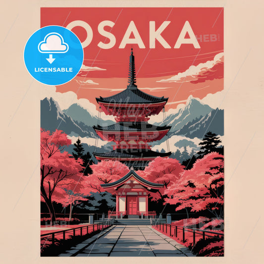 Vintage Osaka Travel Poster: Elegant Pagoda & Autumn Garden in Striking Red & Black