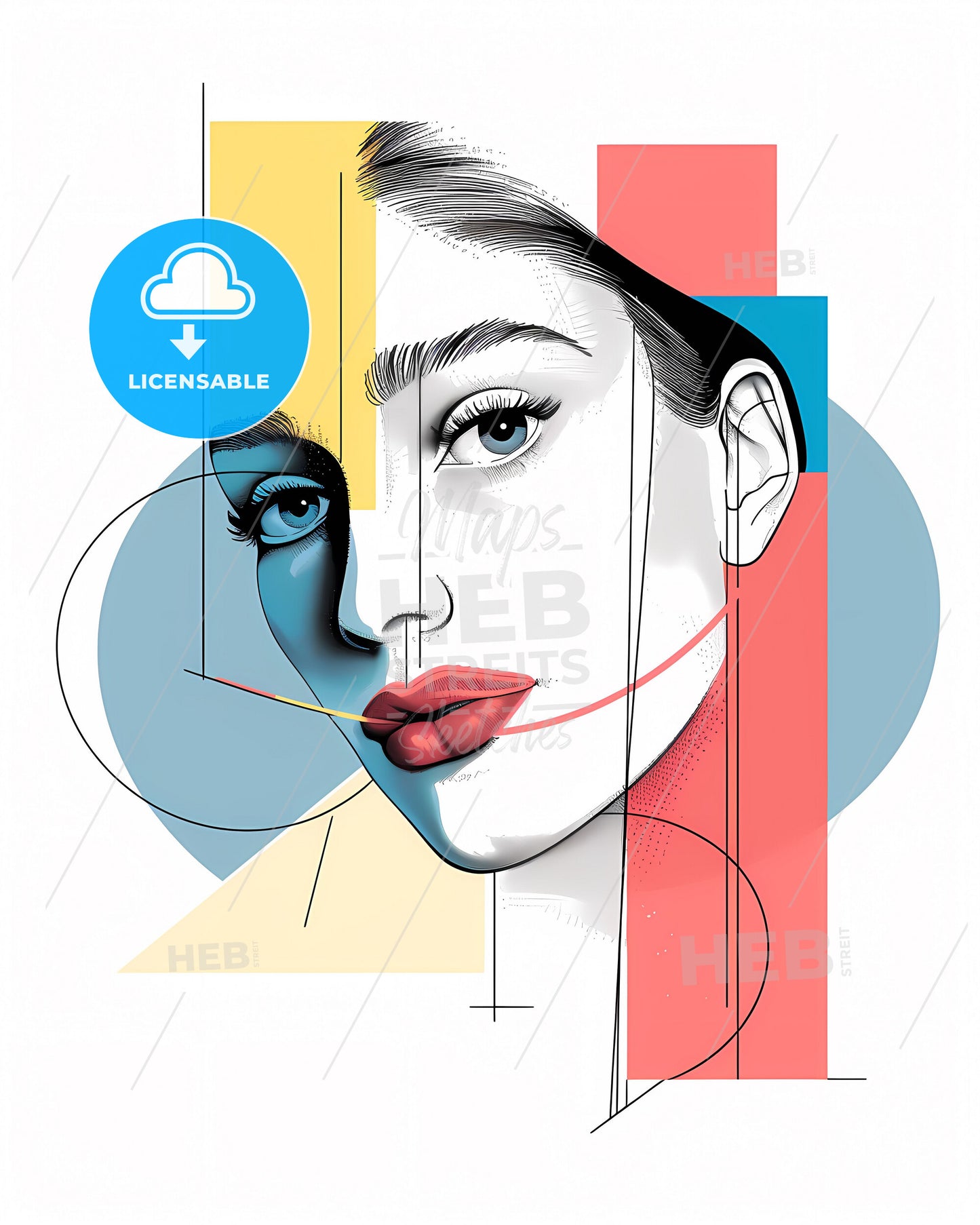Fluid Geometry: Vibrant Face Painting on Danish Pastels, Collaged Elements & Puzzle-Like Neoclassical Background - Artistic Poster