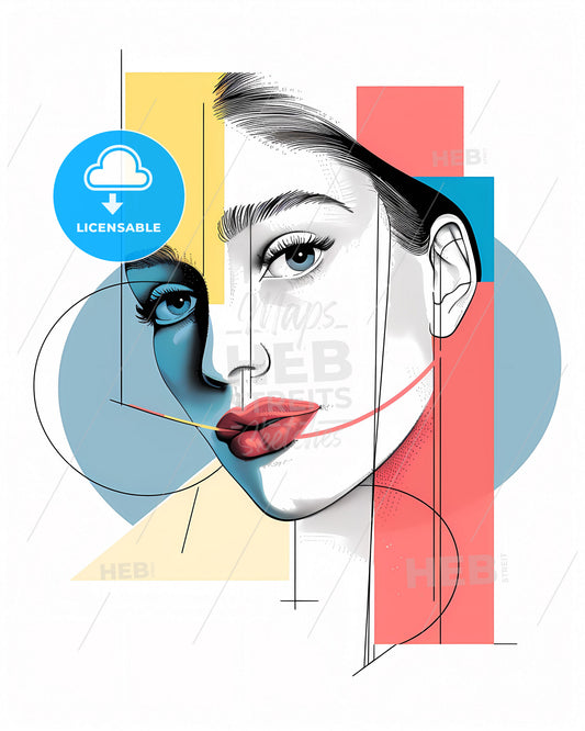 Fluid Geometry: Vibrant Face Painting on Danish Pastels, Collaged Elements & Puzzle-Like Neoclassical Background - Artistic Poster