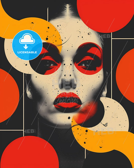 Striking Psychedelic Art Poster Embodies 1960s-1980s Design Aesthetics: Woman with Red Lips and Captivating Black and White Circles