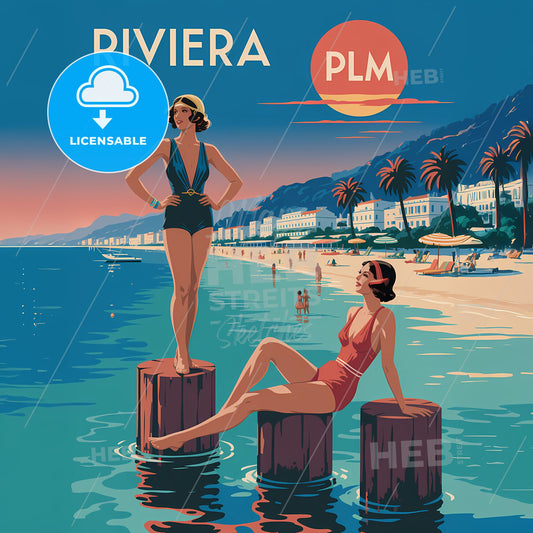 Vintage Riviera Bliss: Art Deco Mediterranean Beach Escape Poster