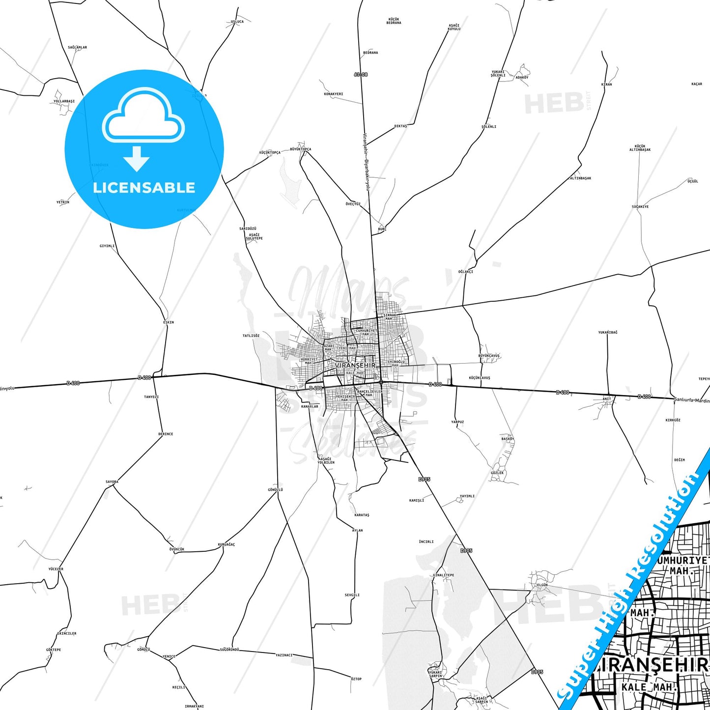 Viranşehir, Turkey light map with streetnames, citynames and districts