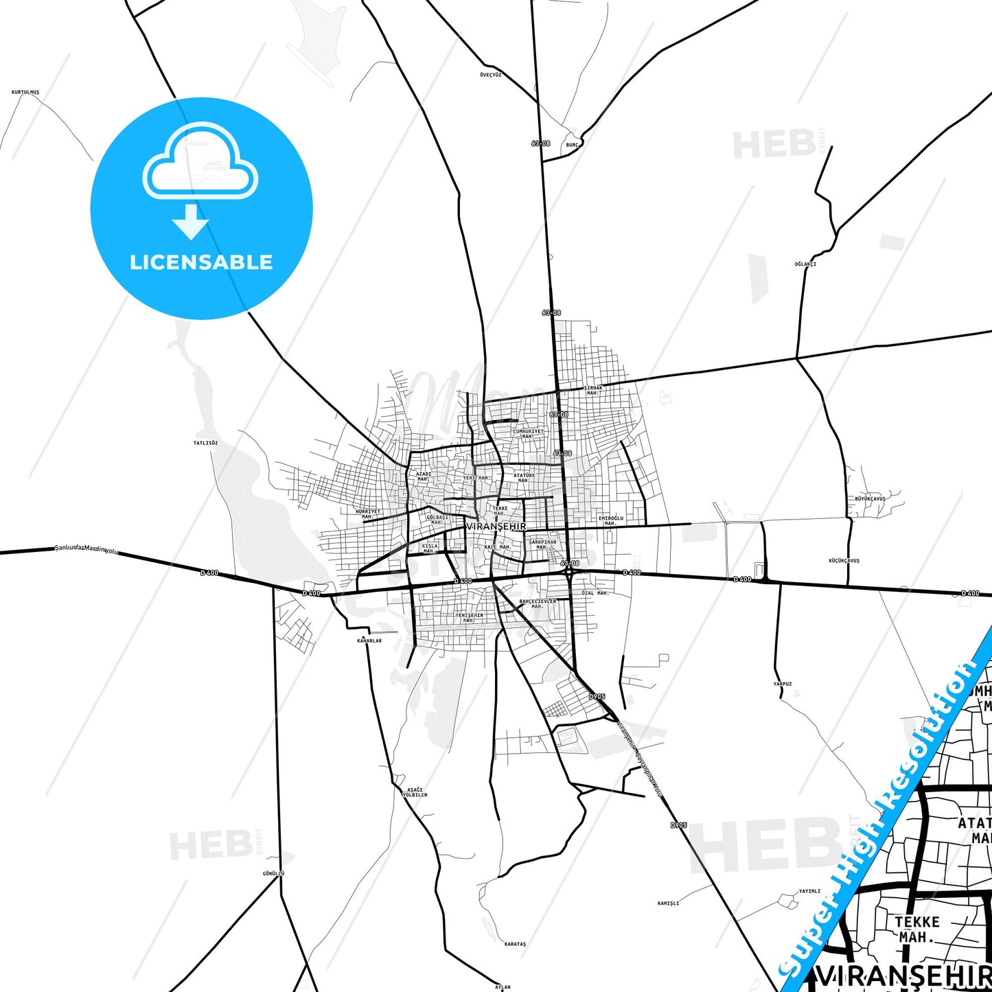 Viranşehir, Turkey Light Map with Street Names, City Names, and Districts