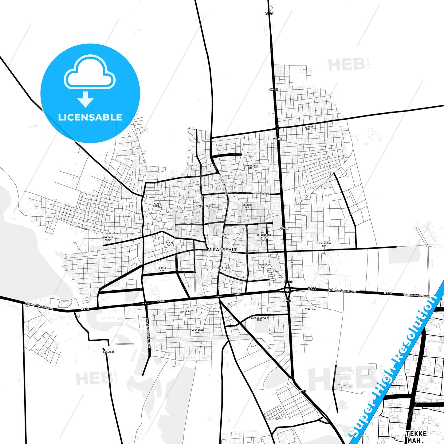Viranşehir, Turkey Light Map with Street Names, City Names, and Districts
