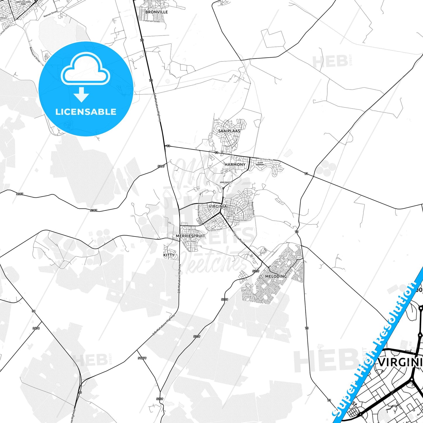 Virginia, South Africa light map with streetnames, citynames and districts