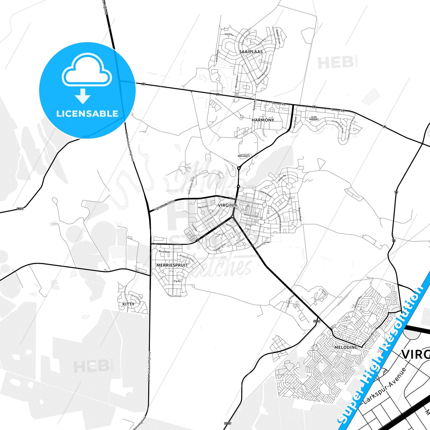 Virginia, South Africa Light Map with Street Names, City Names, and Districts