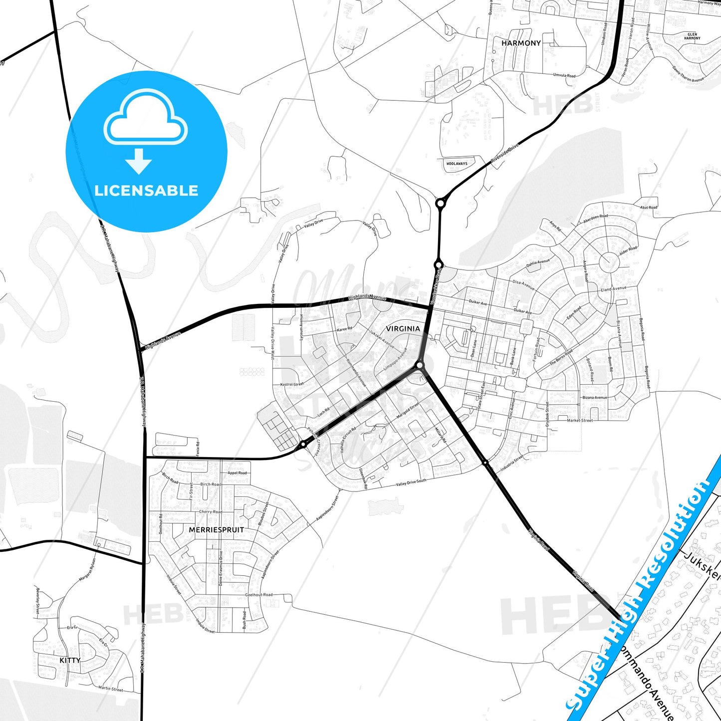 Virginia, South Africa Light Map with Street Names, City Names, and Districts