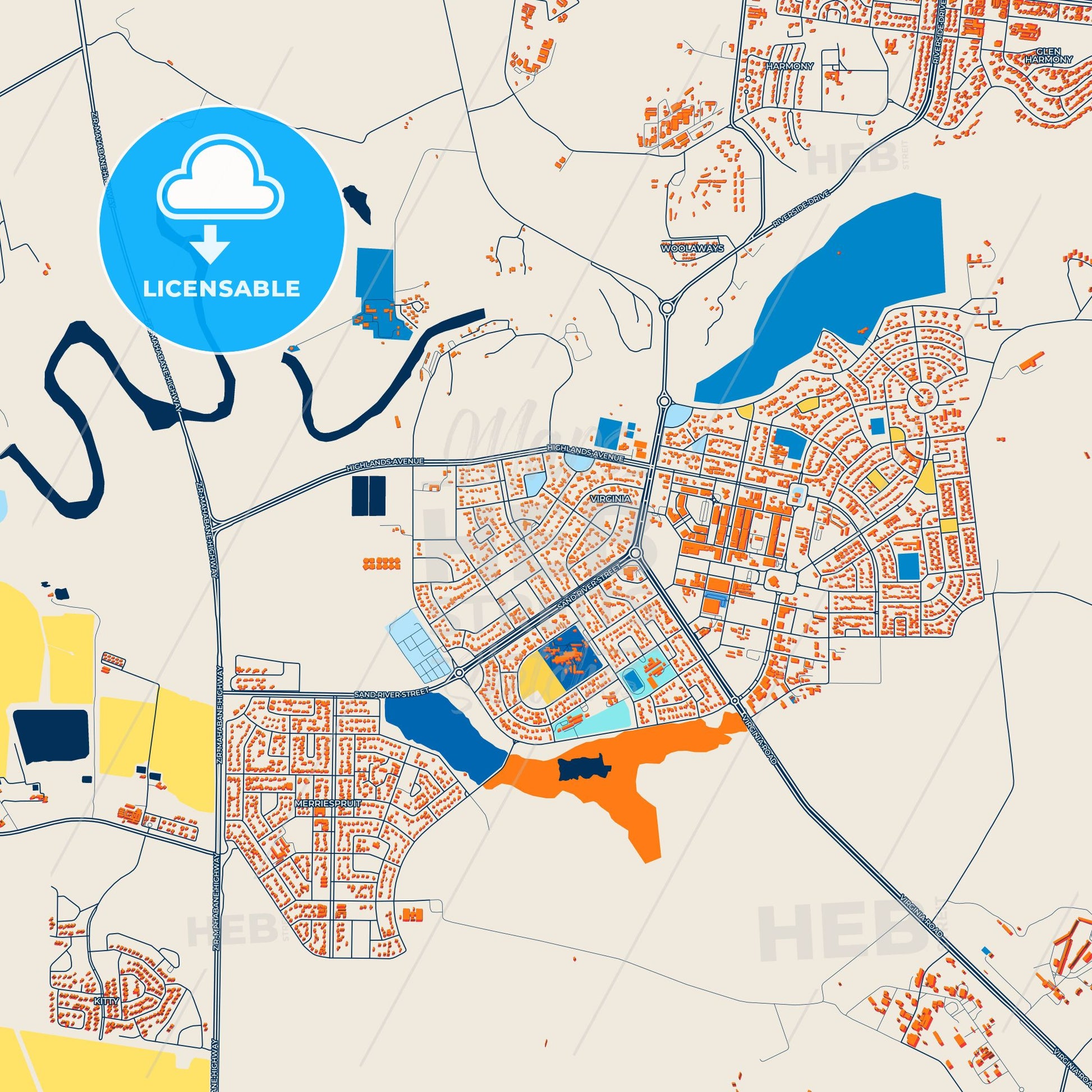 Colorful Virginia Street Map with Labels and Buildings