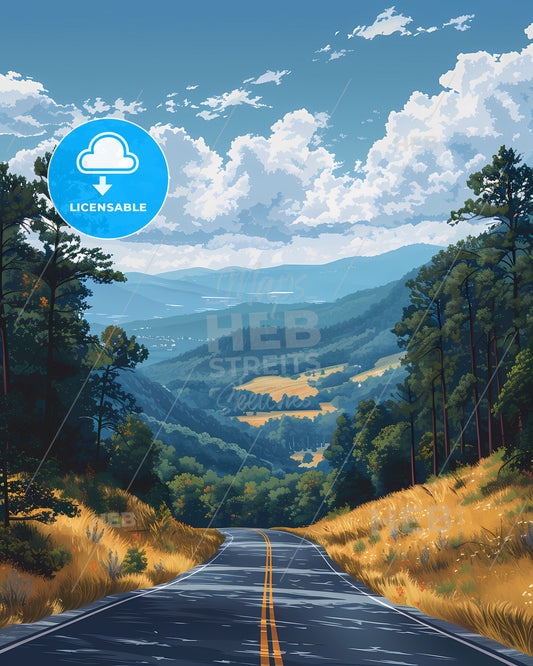 Artfully Painted Landscape Depicting a Road Amidst Trees and Mountains in Virginia, USA