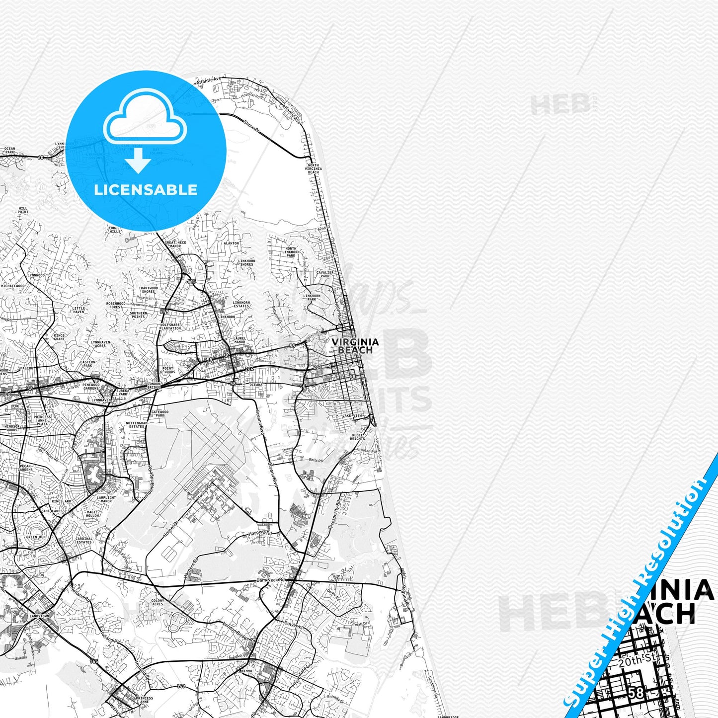 Virginia Beach, Virginia light map with streetnames, citynames and districts