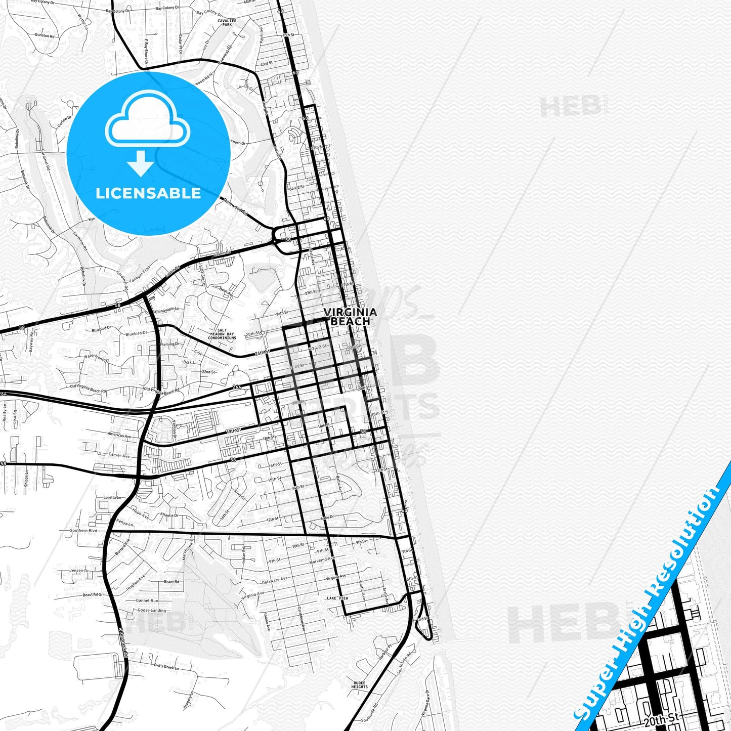 Virginia Beach, Virginia Light Map with Street Names, City Names, and Districts