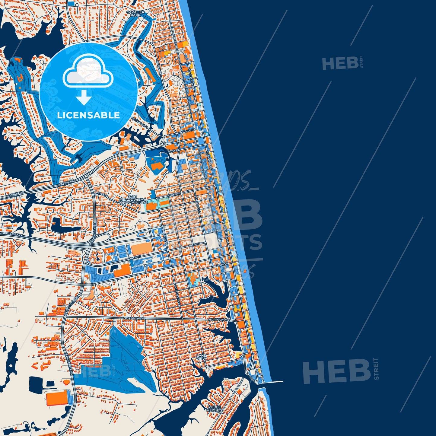 Colorful Virginia Beach Street Map with Labels and Buildings