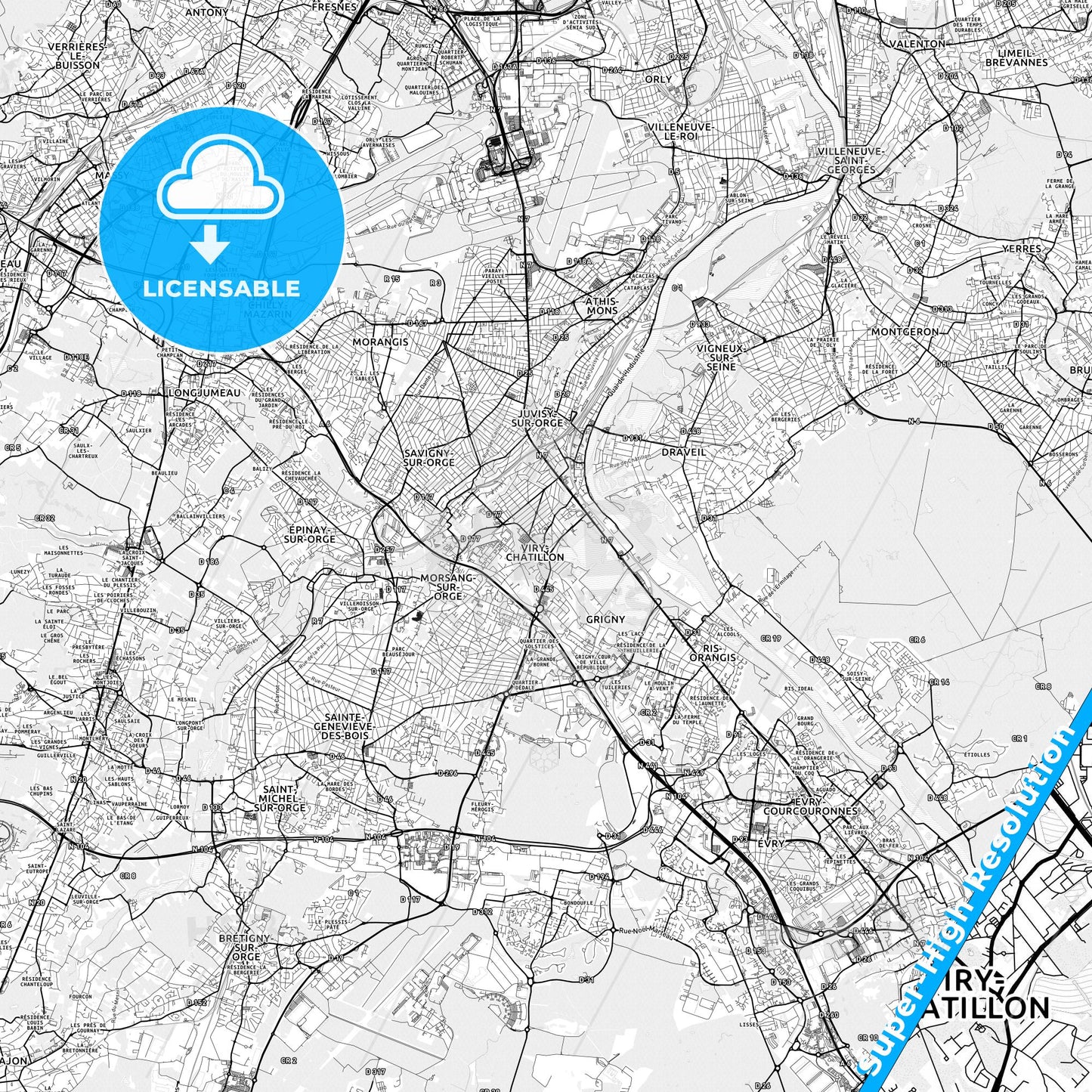 Viry-Châtillon, France light map with streetnames, citynames and districts