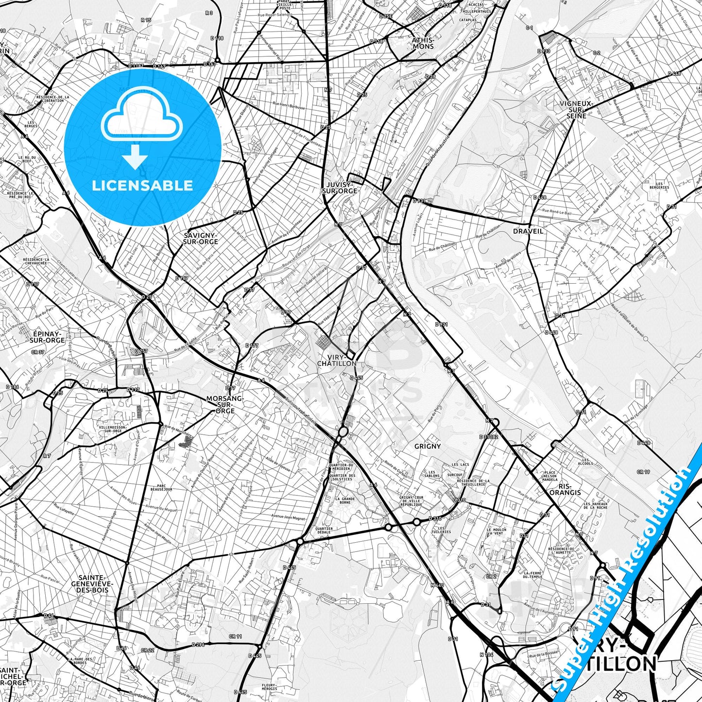 Viry-Châtillon, France Light Map with Street Names, City Names, and Districts