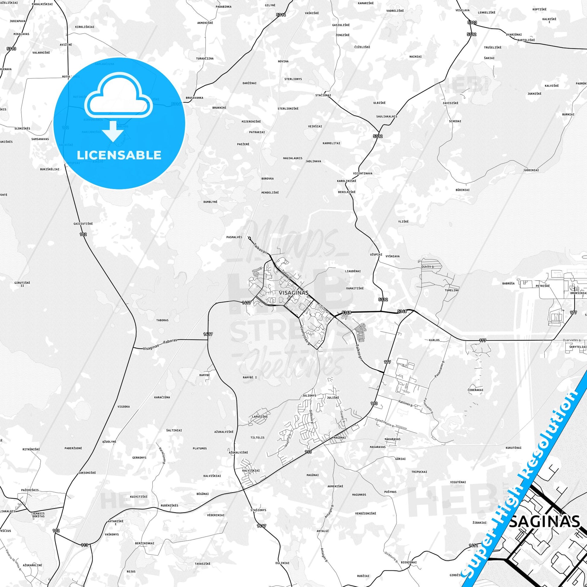 Visaginas, Lithuania light map with streetnames, citynames and districts
