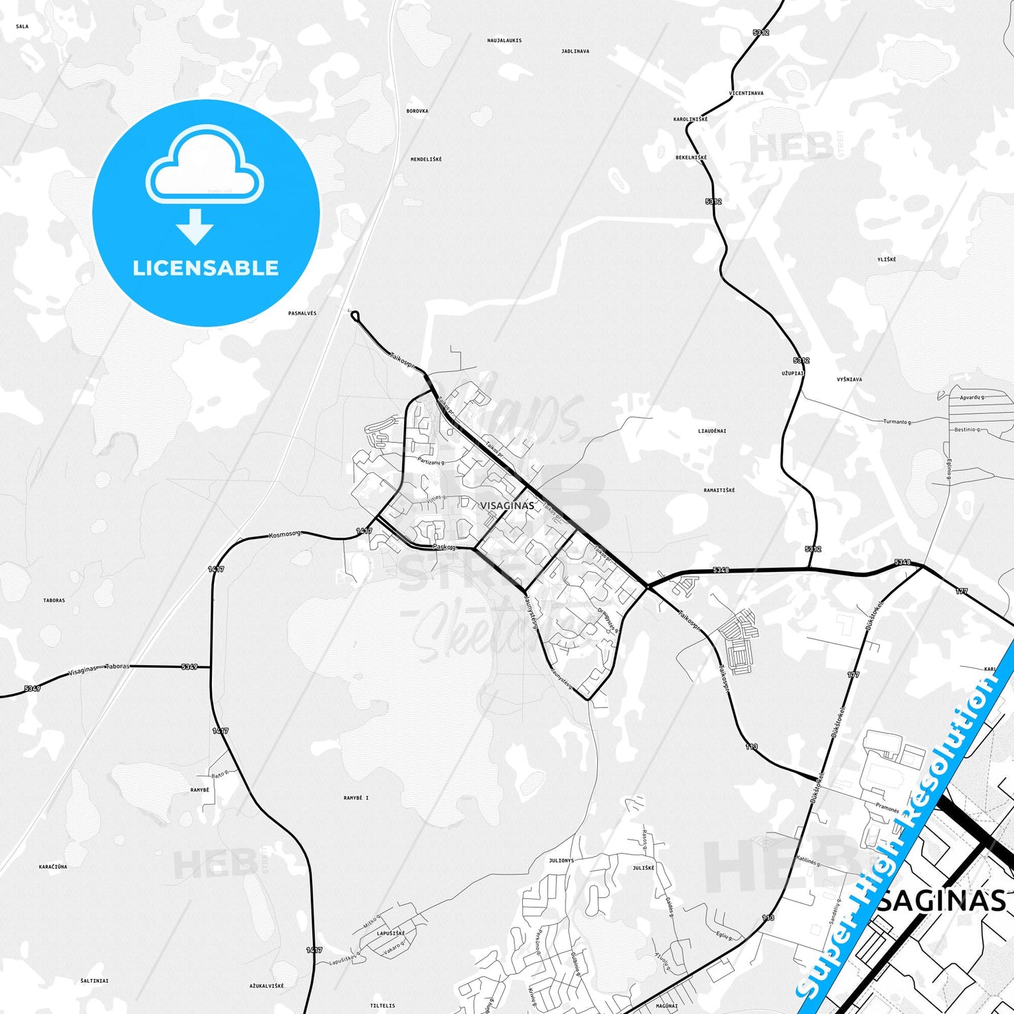 Visaginas, Lithuania Light Map with Street Names, City Names, and Districts