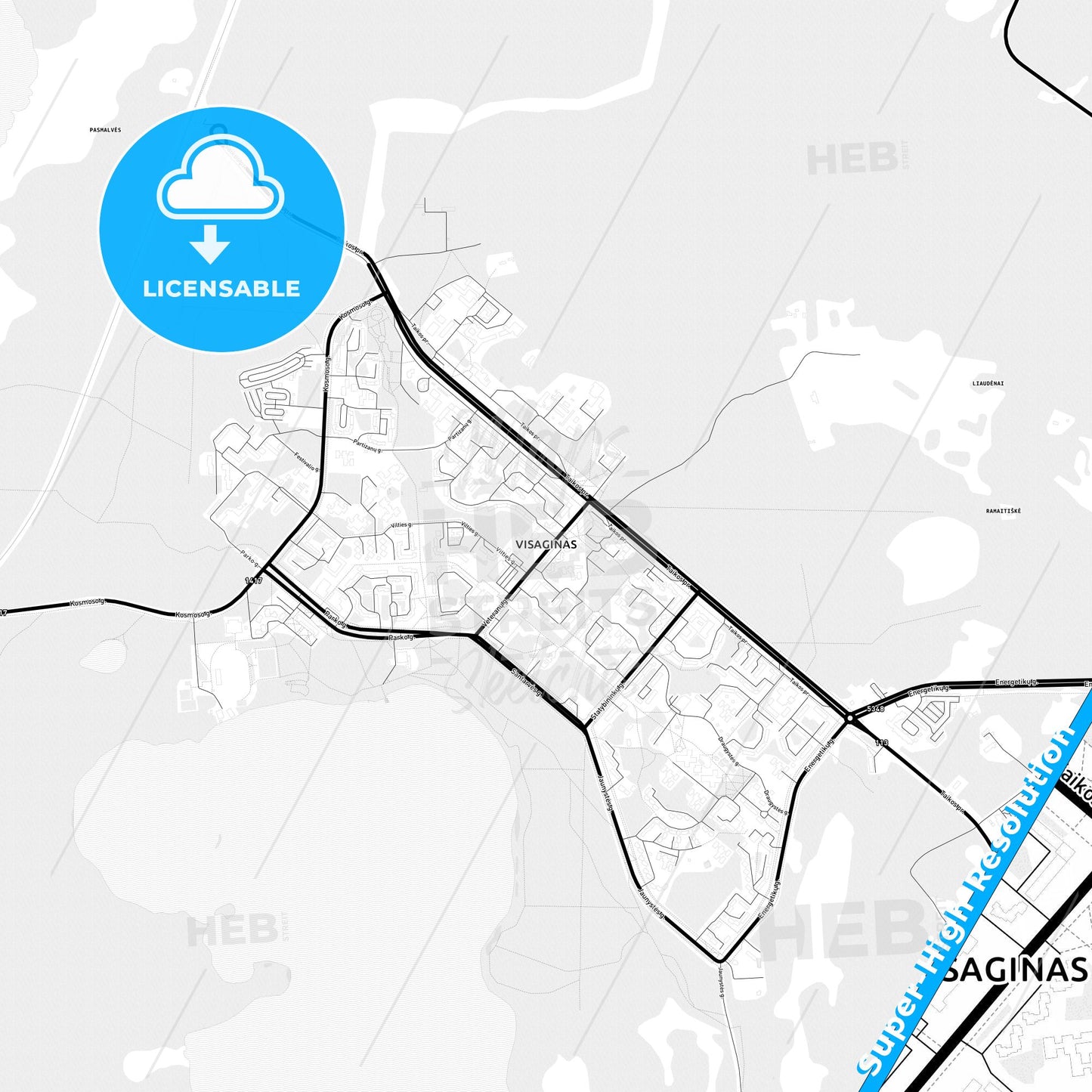 Visaginas, Lithuania Light Map with Street Names, City Names, and Districts