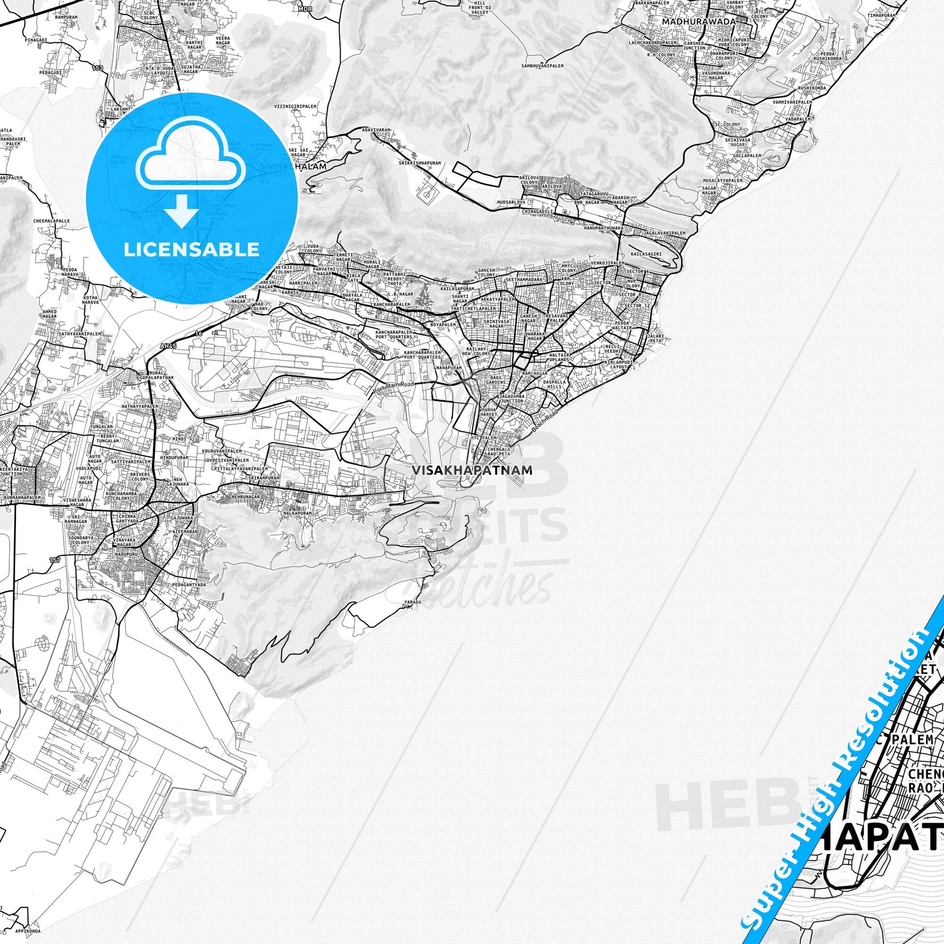Visakhapatnam, India light map with streetnames, citynames and districts