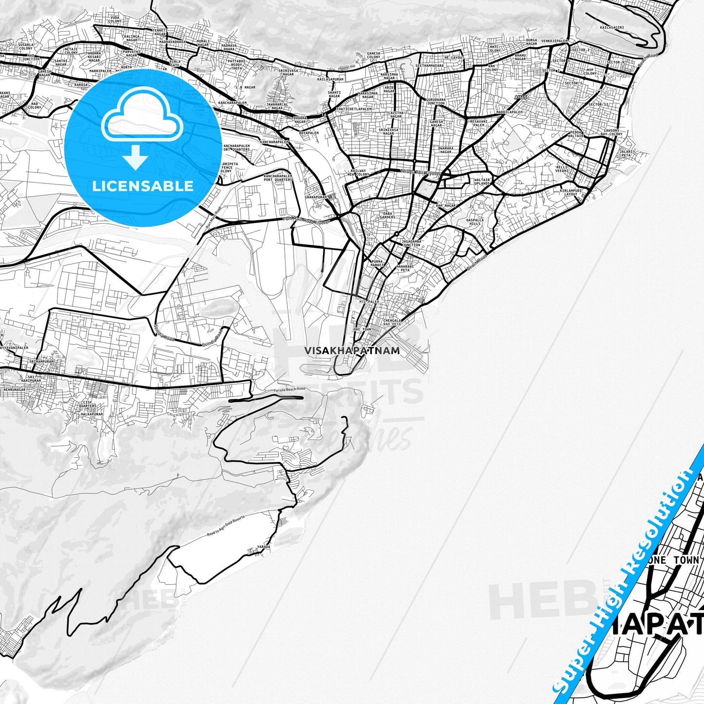Visakhapatnam, India Light Map with Street Names, City Names, and Districts