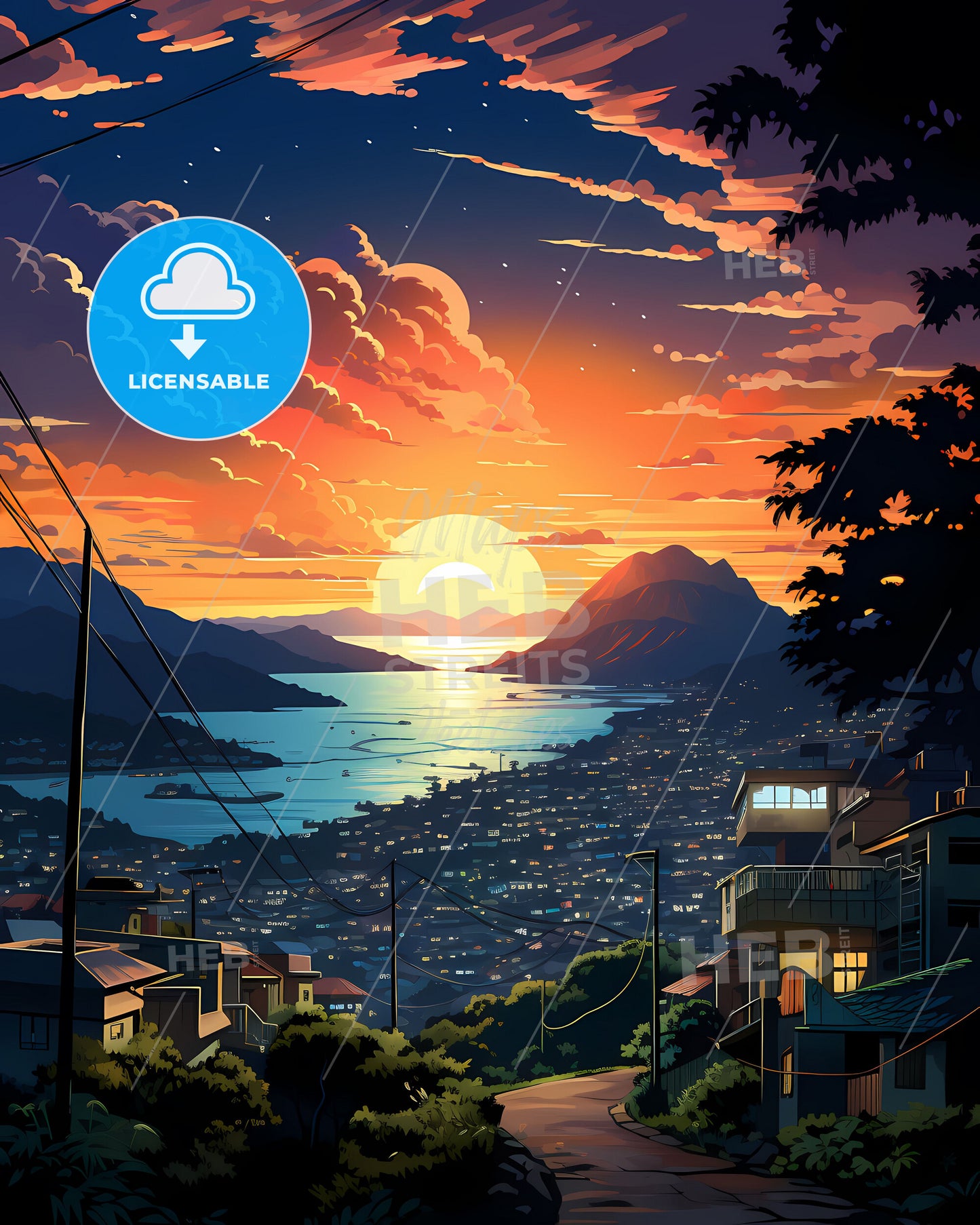 Indian Artwork - Vibrant City Skyline of Visakhapatnam with Sunset Hues