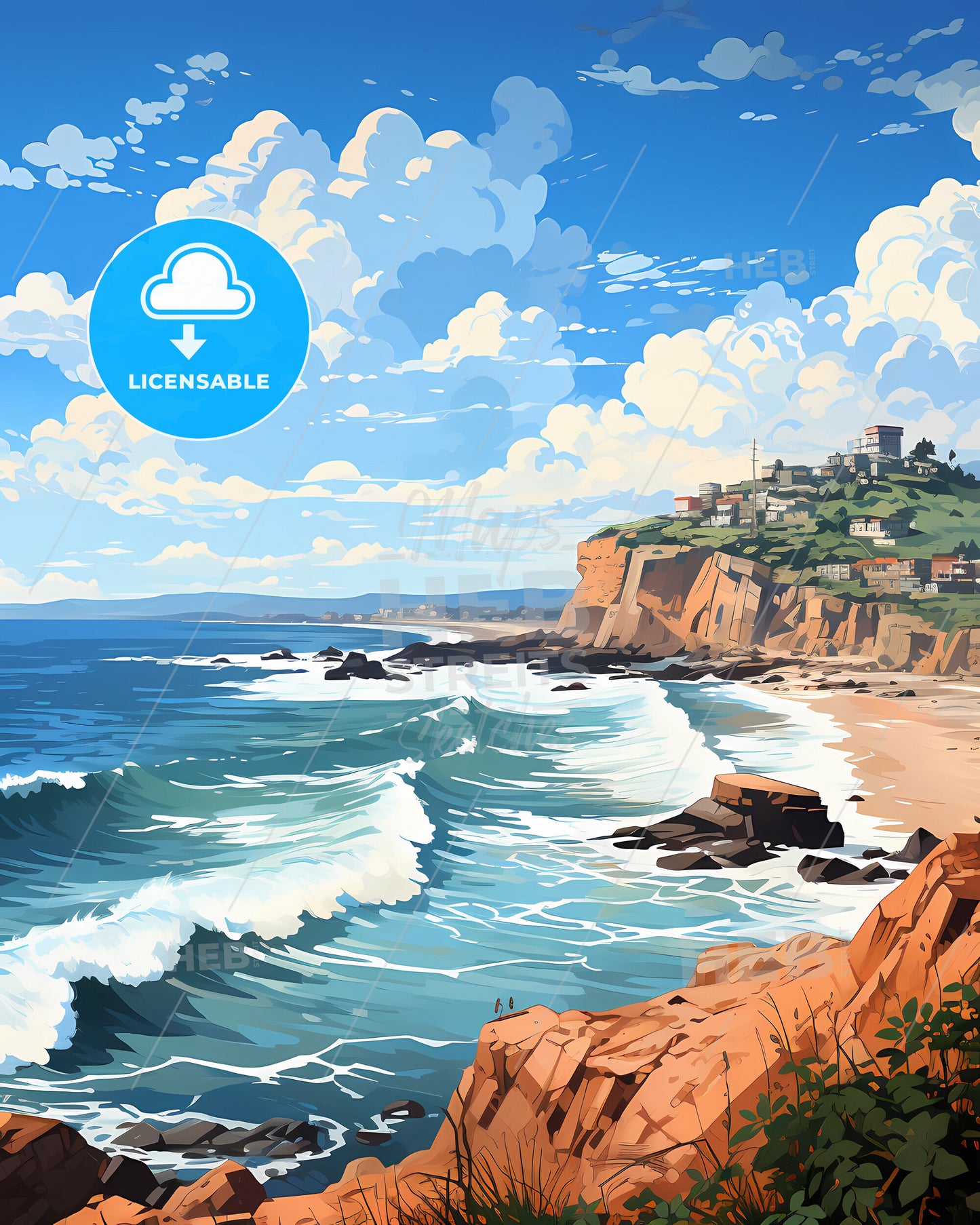 Expressive Visakhapatnam India Cityscape Painting with Azure Beach and Skyline Buildings