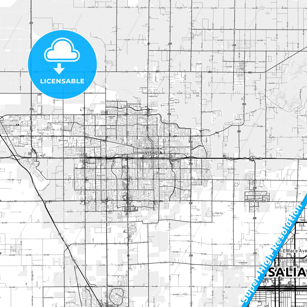 Visalia, California light map with streetnames, citynames and districts