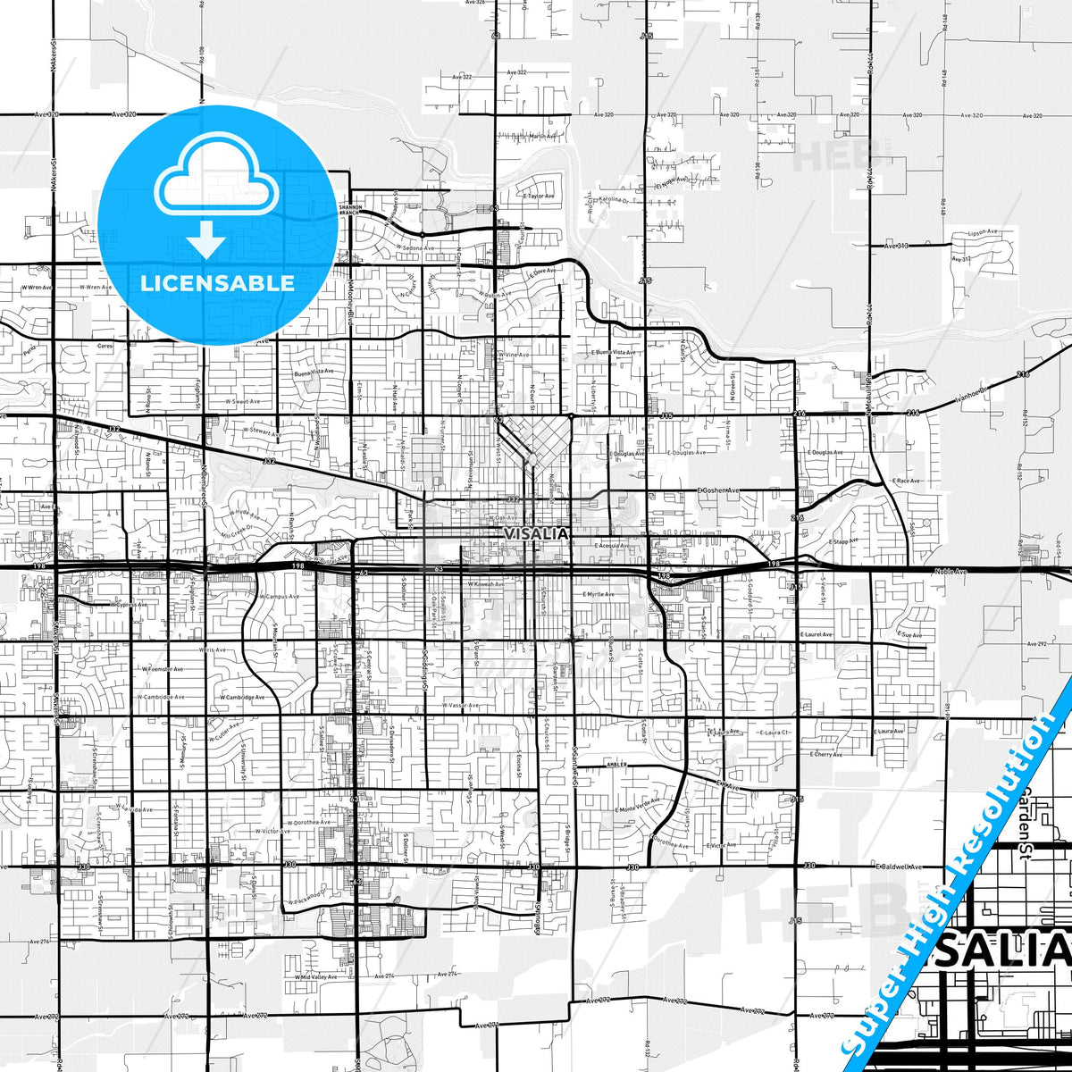 Visalia, California Light Map with Street Names, City Names, and Districts