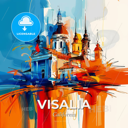 Vibrant Visalia, California - A Painting Of A Building With Towers And A Colorful Background - Square format print template