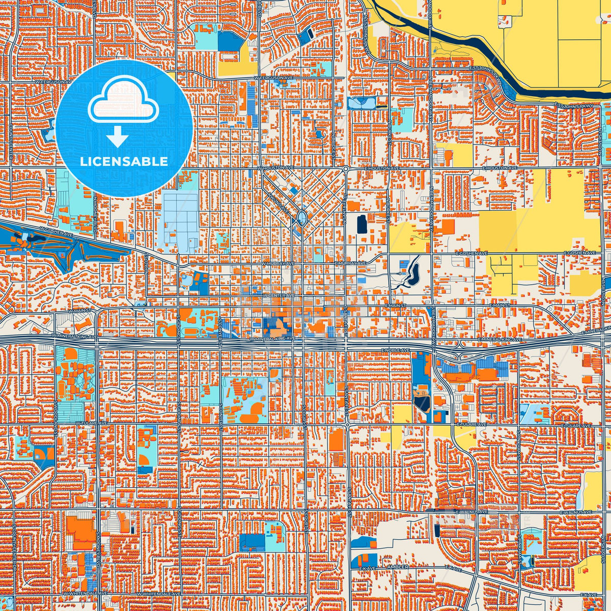 Visalia Ransacker Map Colorful Visalia Street Map With Labels And Buildings – HEBSTREITS