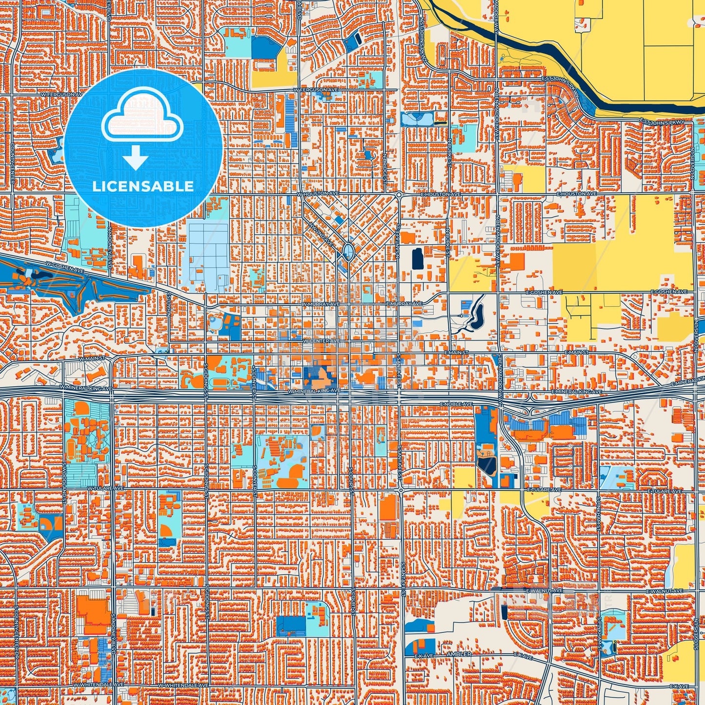 Colorful Visalia Street Map with Labels and Buildings