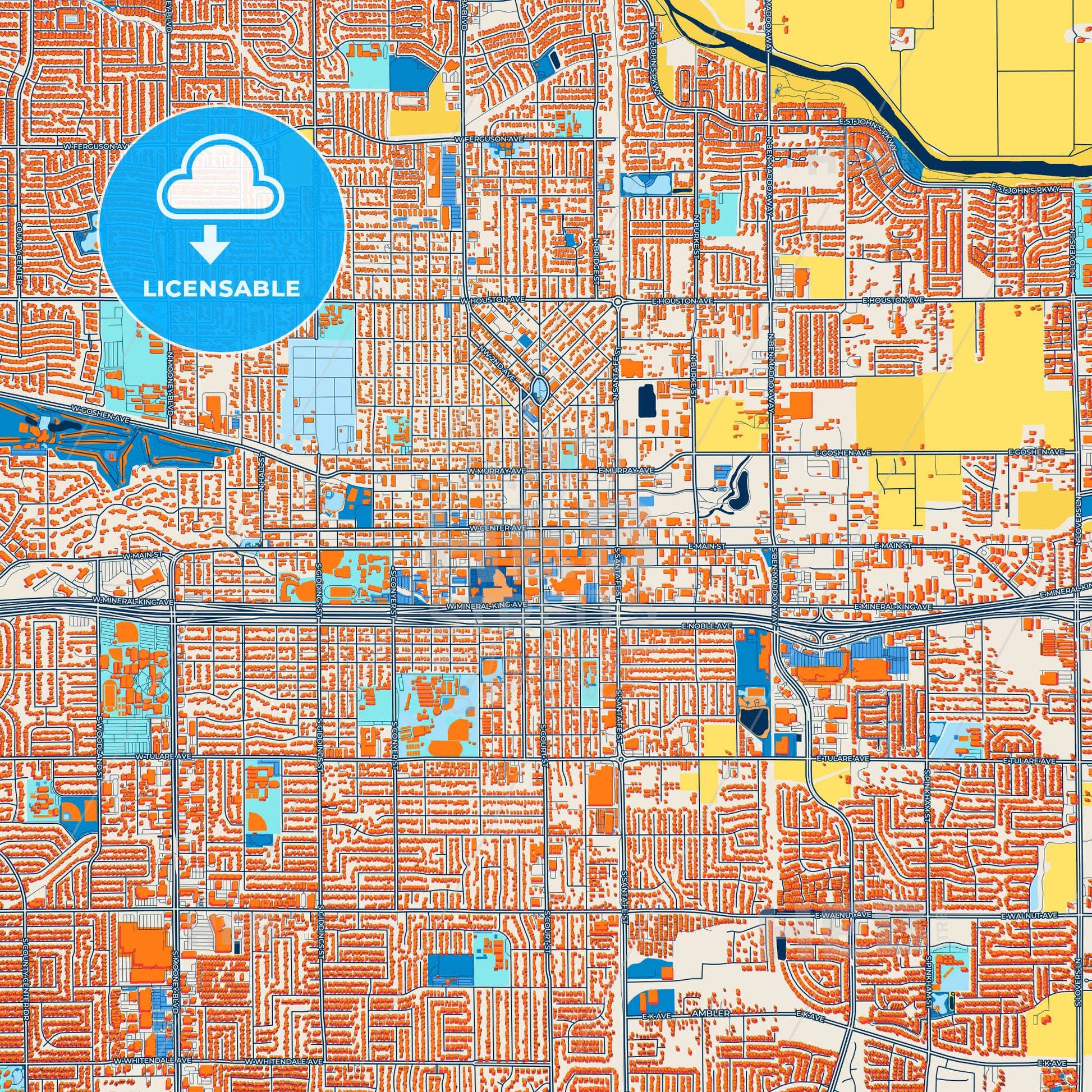 Colorful Visalia Street Map with Labels and Buildings