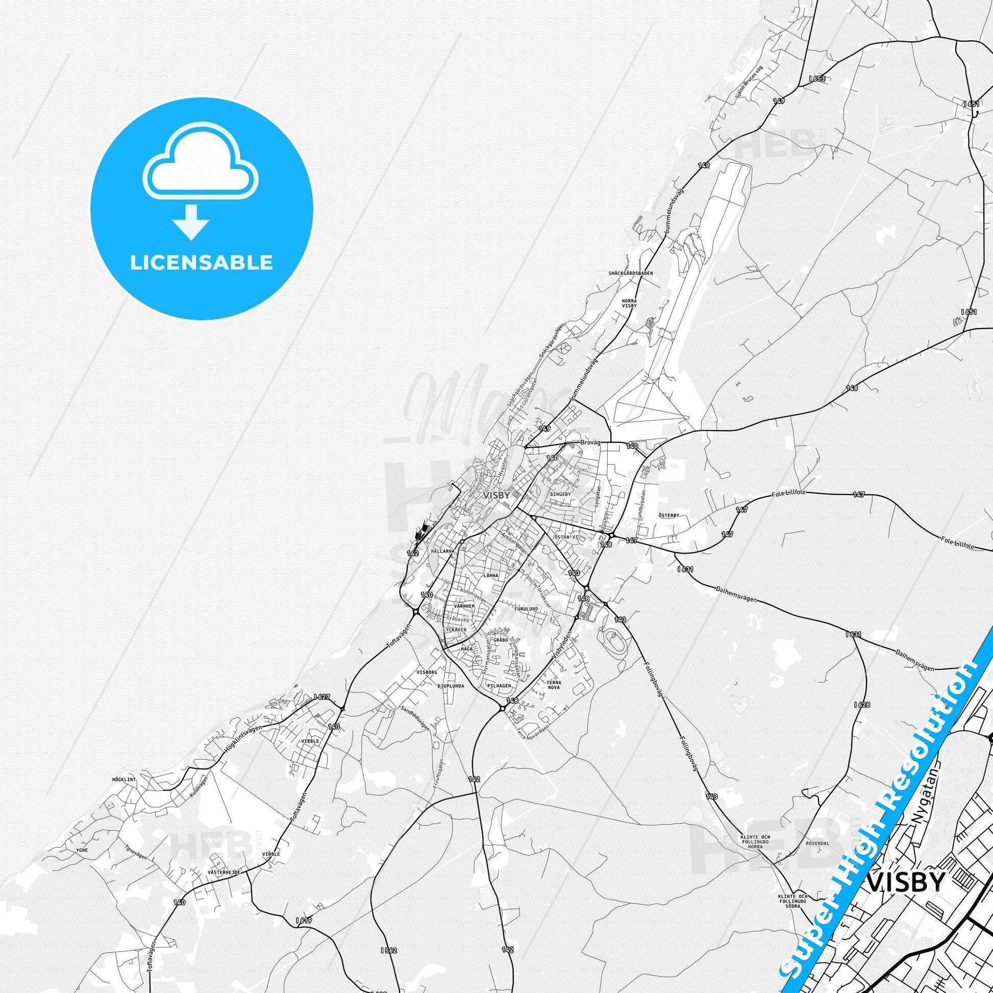 Visby, Sweden light map with streetnames, citynames and districts