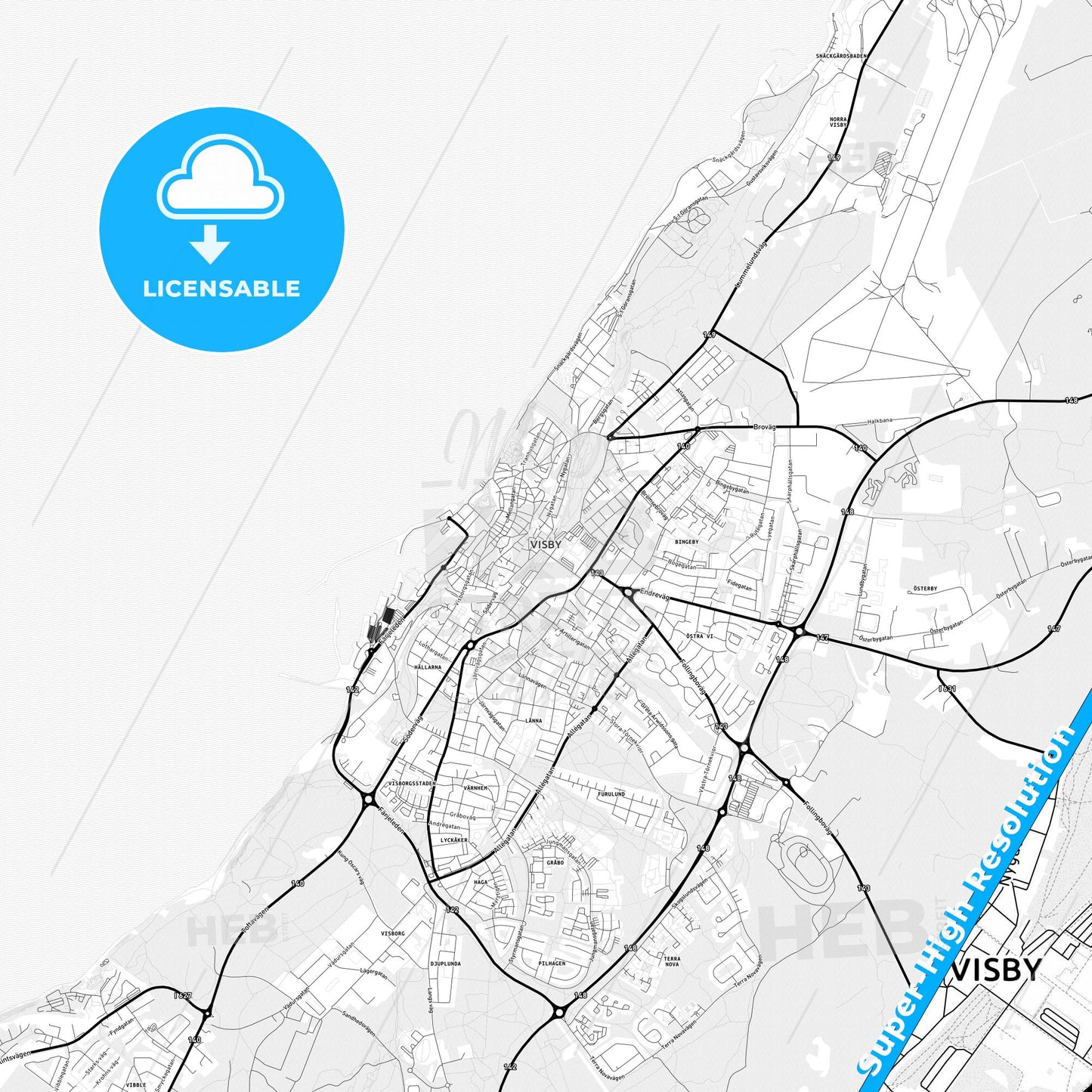 Visby, Sweden Light Map with Street Names, City Names, and Districts
