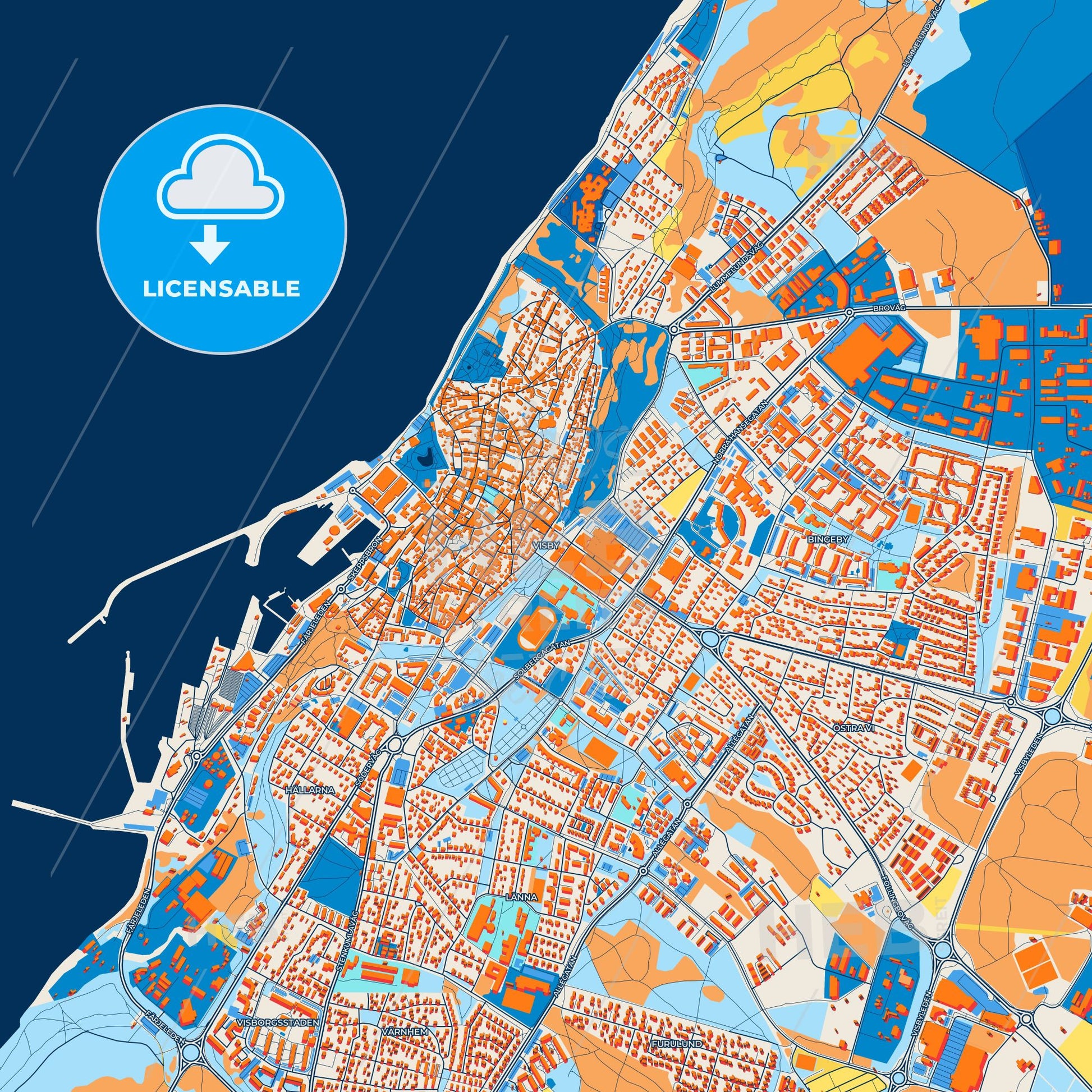 Colorful Visby Street Map with Labels and Buildings