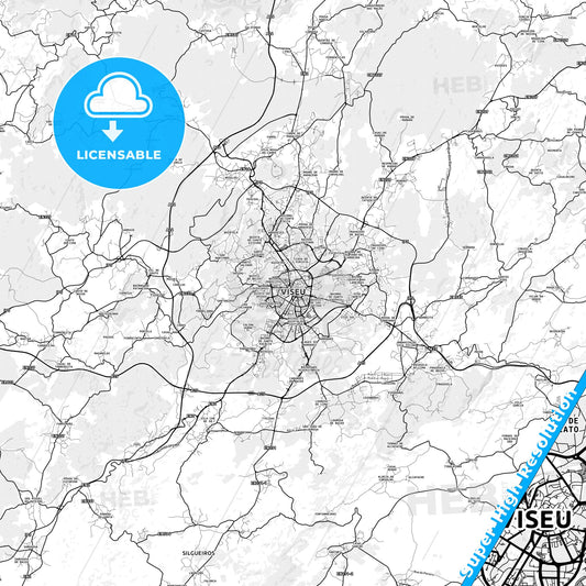 Viseu, Portugal light map with streetnames, citynames and districts