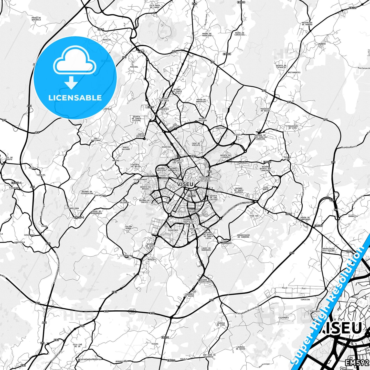 Viseu, Portugal Light Map with Street Names, City Names, and Districts