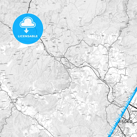 Visoko, Bosnia and Herzegovina light map with streetnames, citynames and districts
